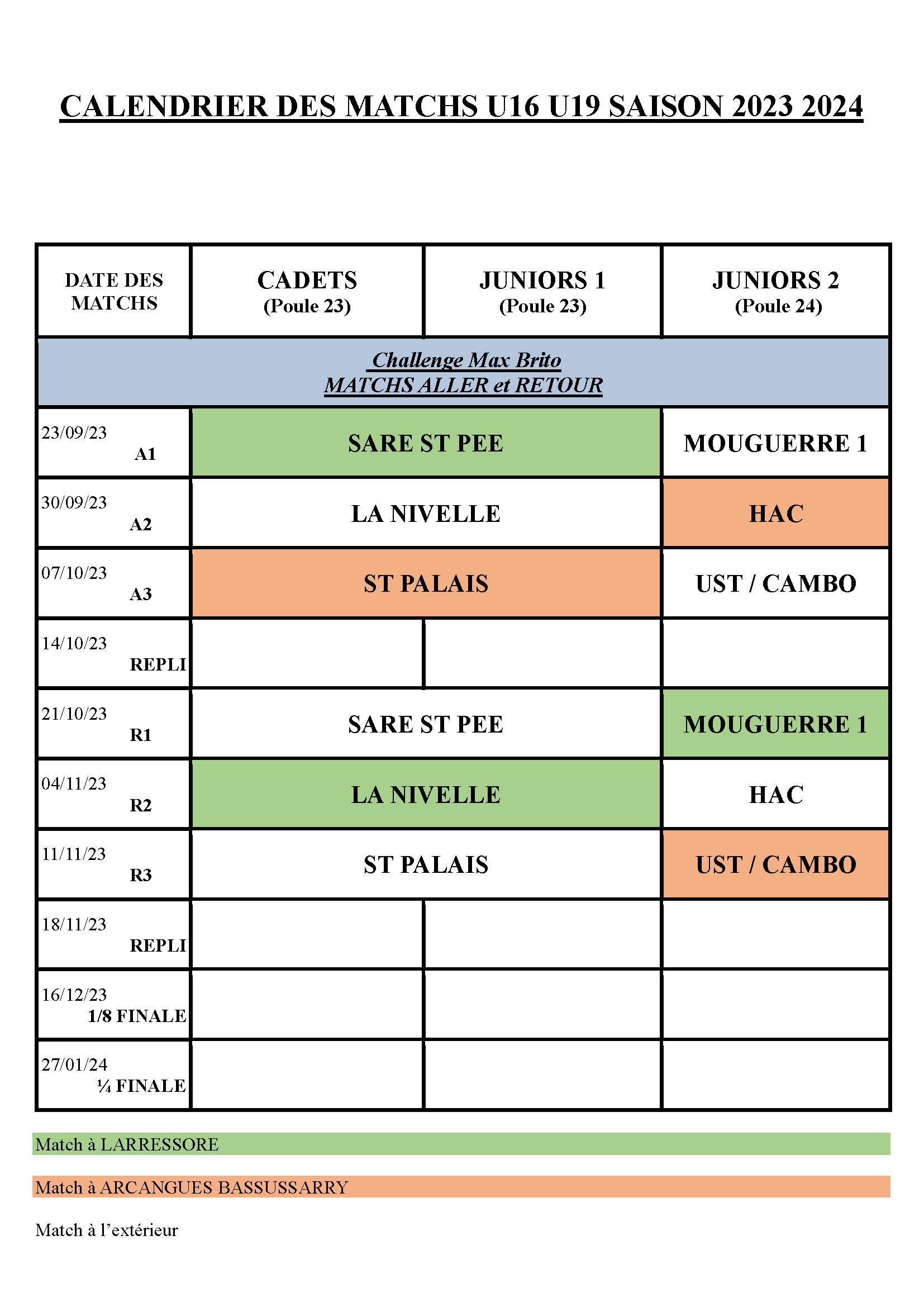 Calendrier juniors R2 2023-2024